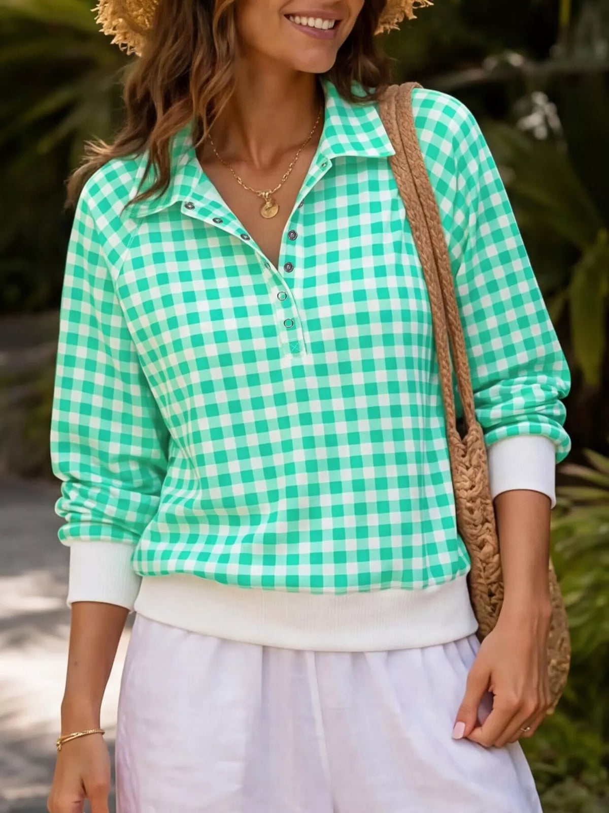 Women's Gingham Plaid Collared Sweatshirt – view 10