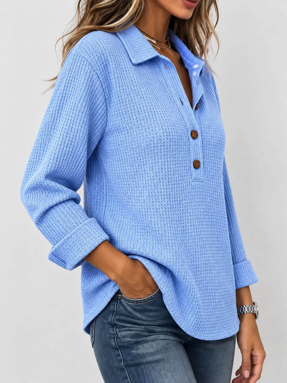 Women's Waffle Knit Long Sleeve Polo Top – view 4