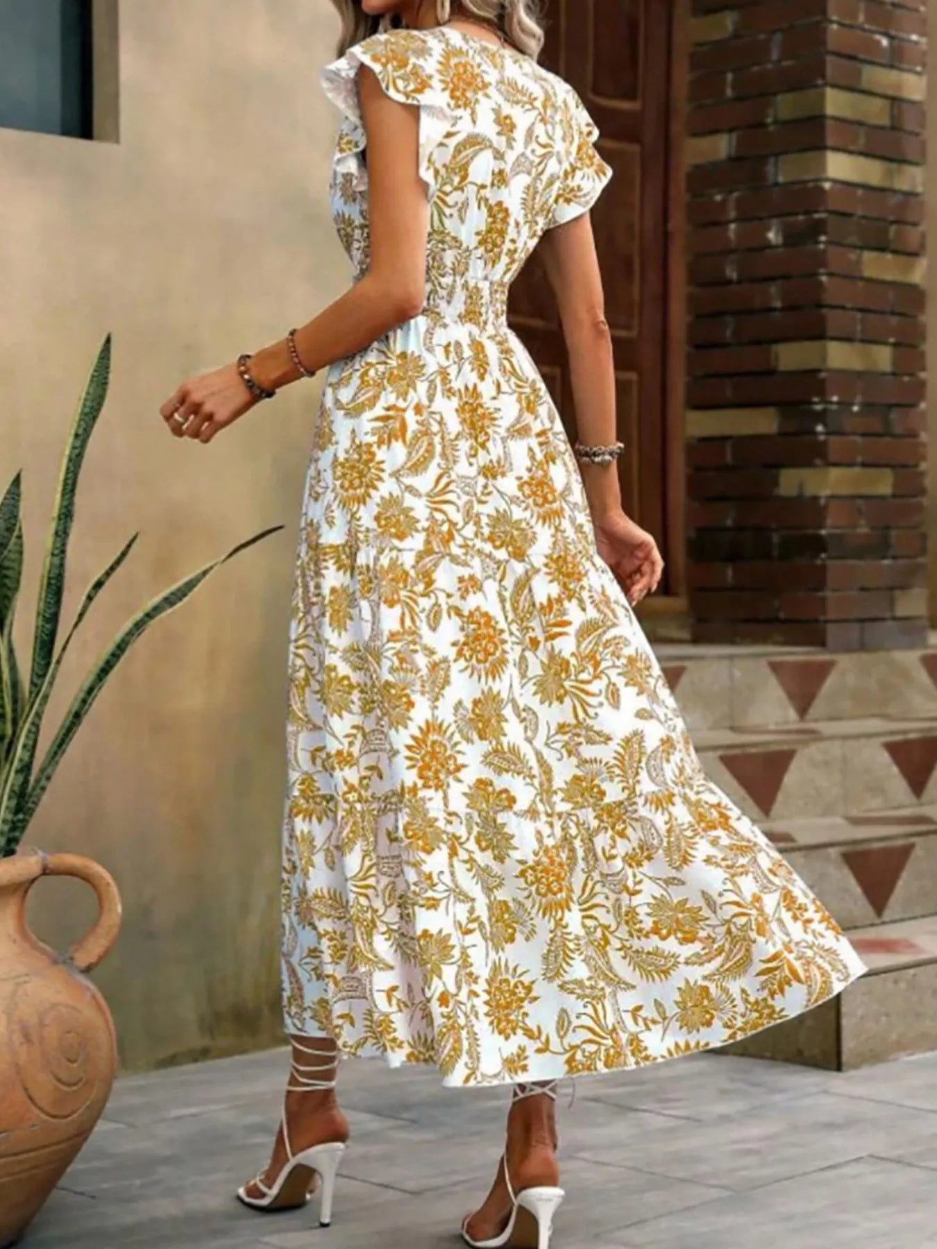 Floral Print Ruffle Sleeve Midi Dress  Shop One Place