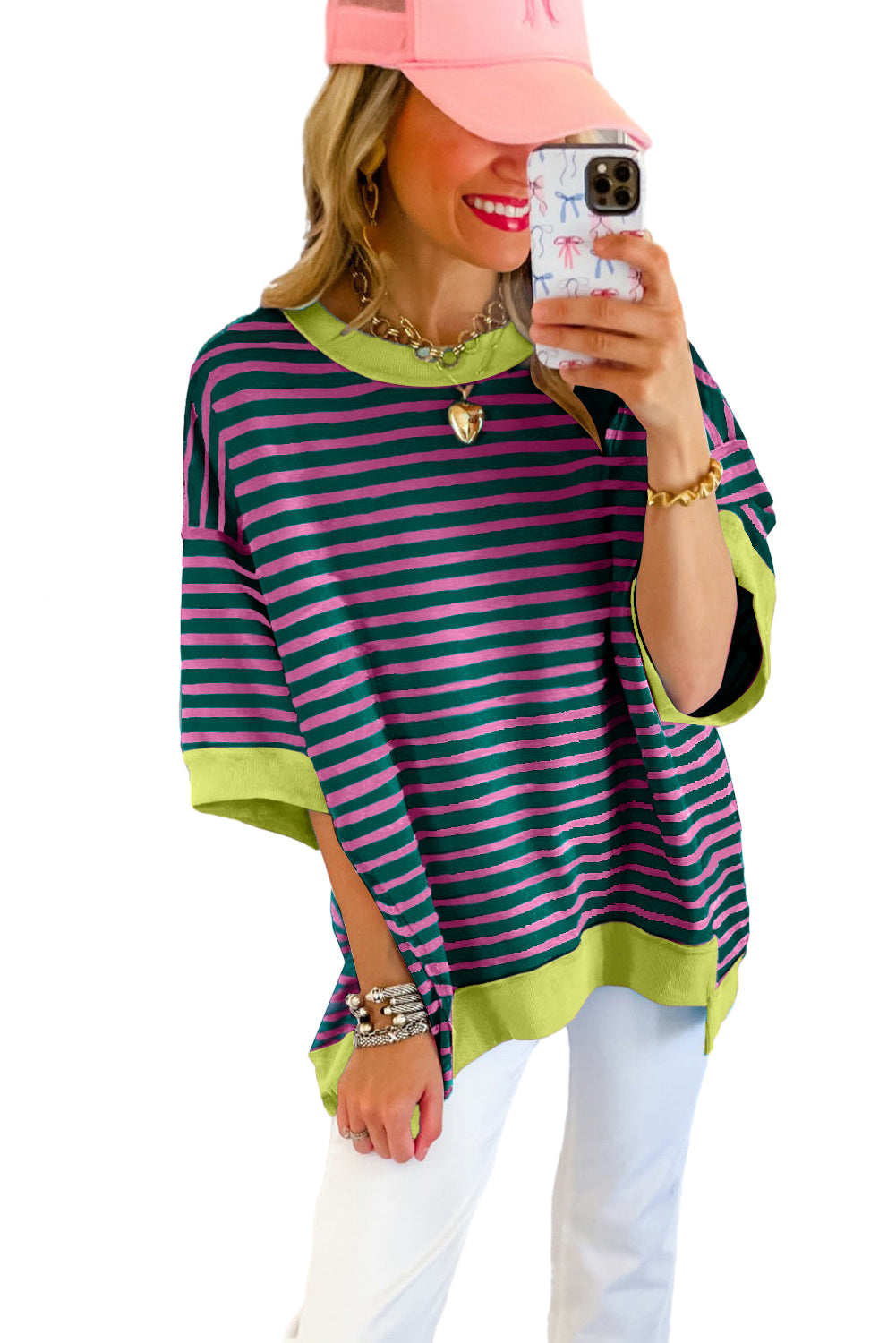 Stripe Colorblock Drop Sleeve Oversized T Shirt