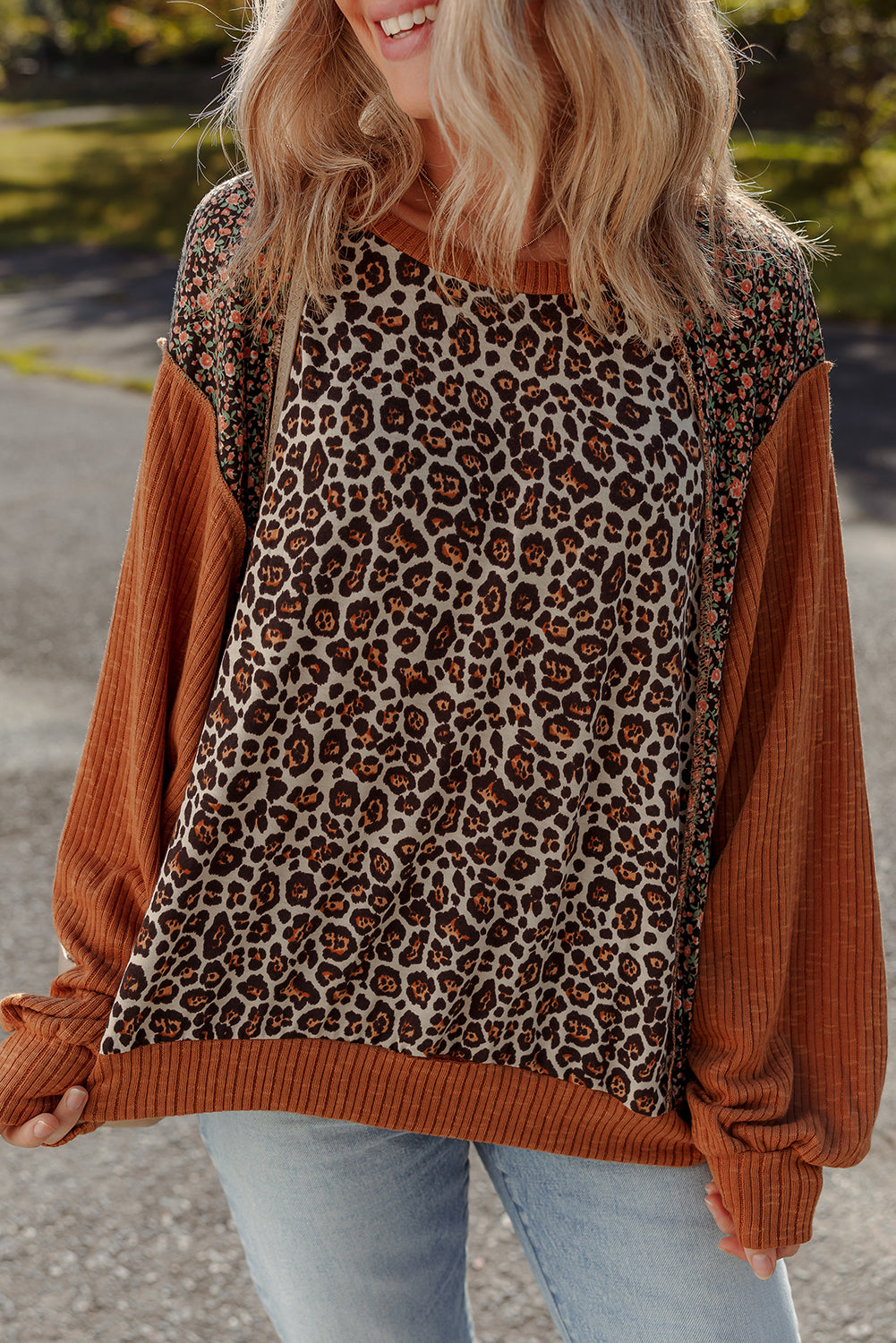 Brown Leopard Floral Print Ribbed Patchwork Puff Sleeve Loose Pullover  Shop One Place