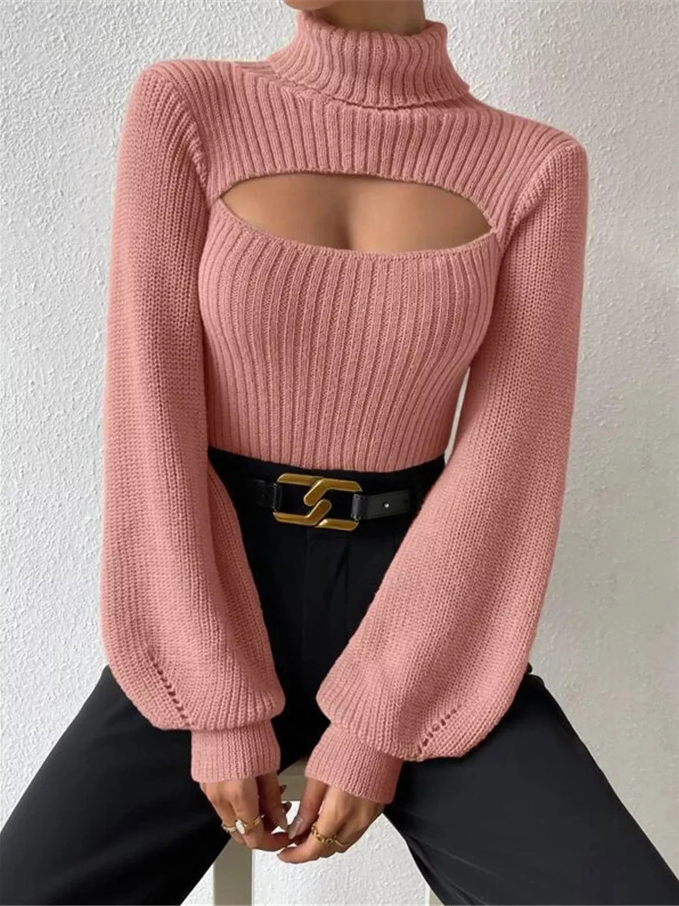 Cutout Front Turtleneck Long Sleeve Sweater  Shop One Place