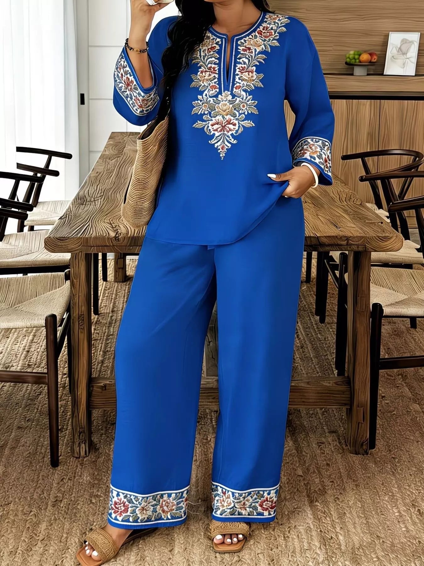 Full Size Embroidered Long Sleeve Top and Pants Set Plus Size  Shop One Place