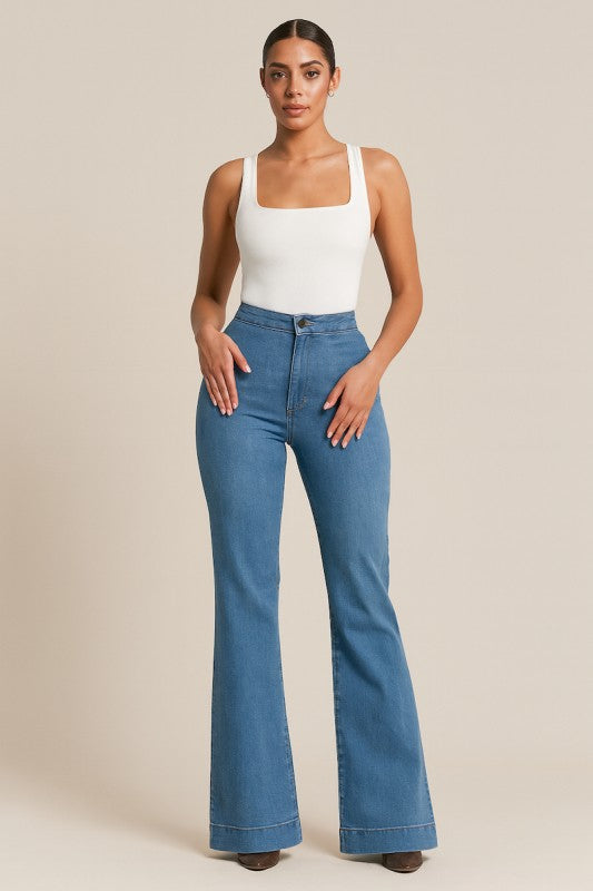 Premium Wide Leg Flare Jean Medium Wash  Shop One Place