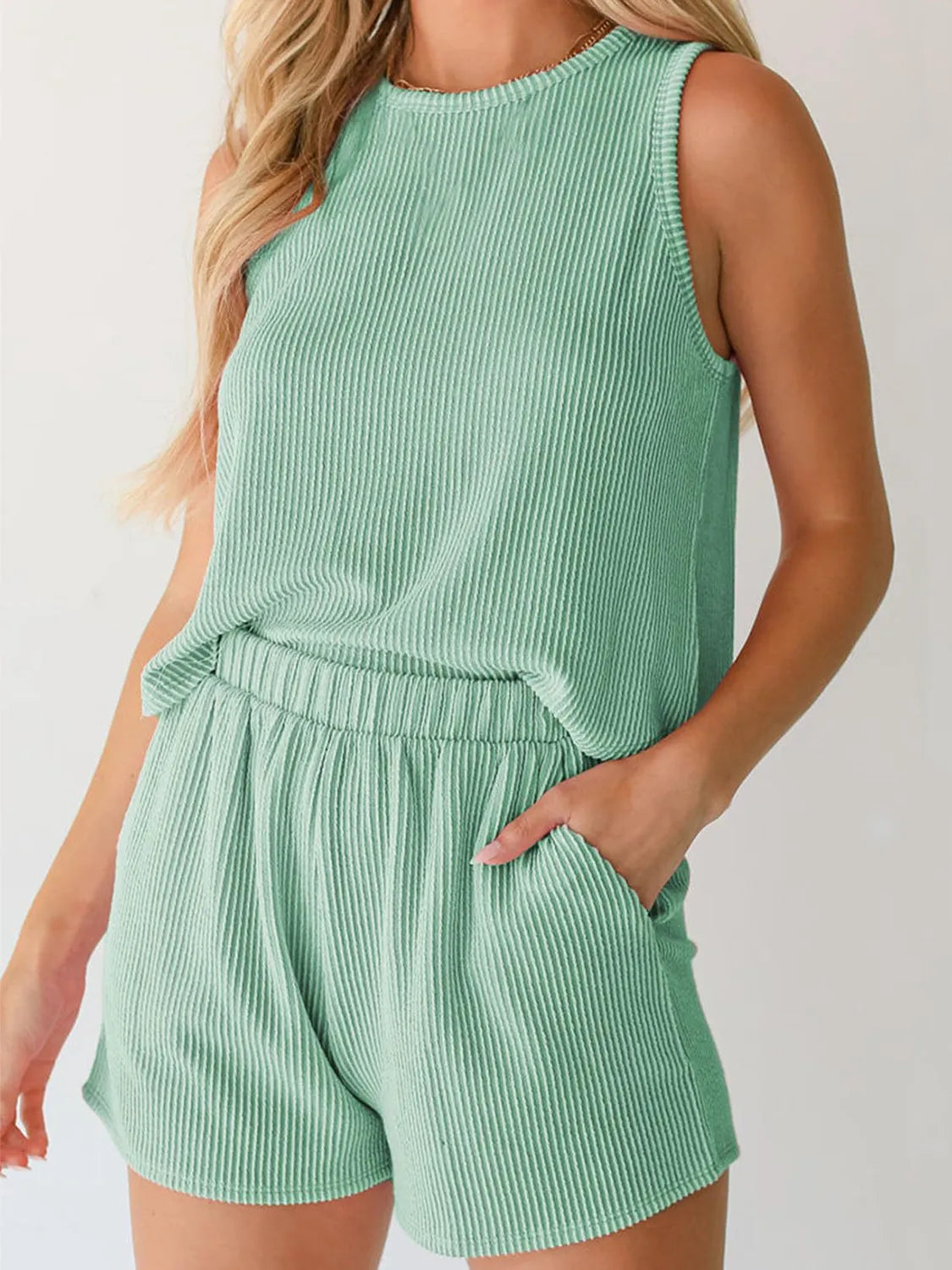 Round Neck Sleeveless Top and Shorts Set  Shop One Place