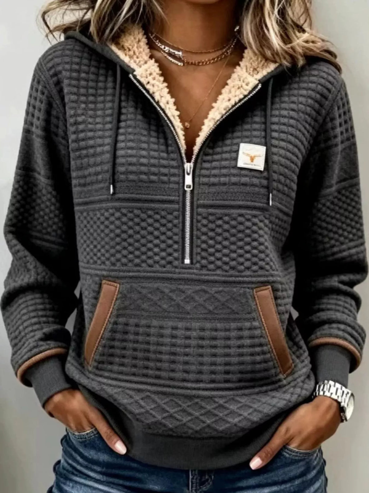 Women's Half-Zip Textured Hoodie with Pockets