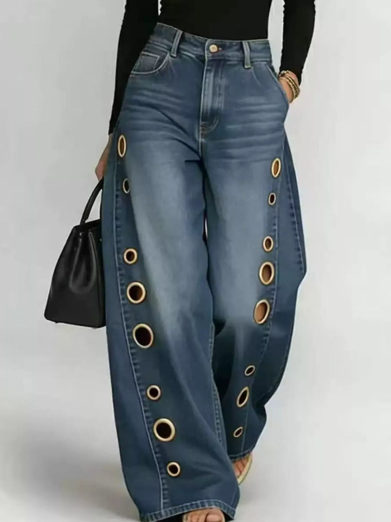 Wide Leg Jeans with Eyelet Details  Shop One Place