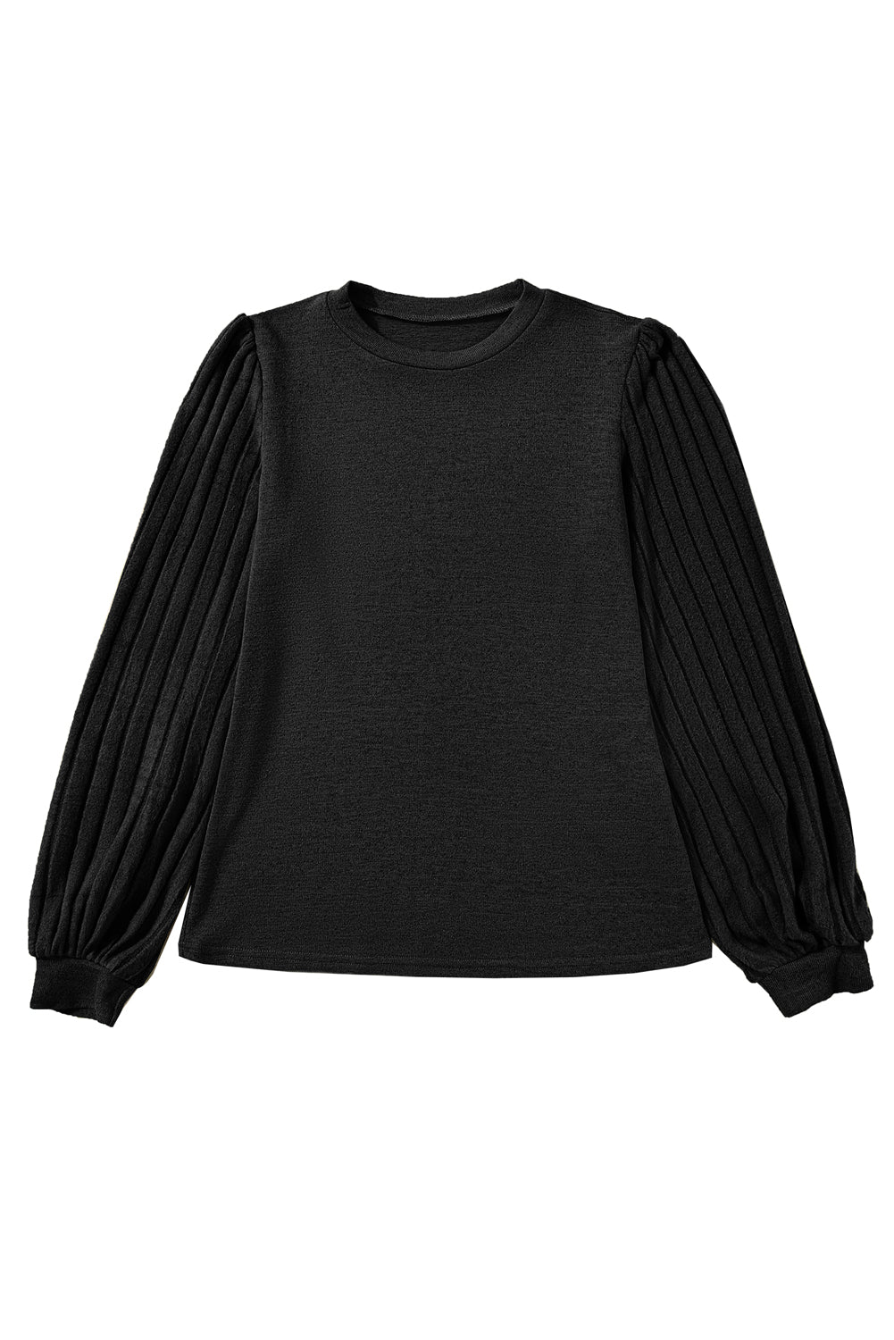 Solid Color Contrast Ribbed Bishop Sleeve Top