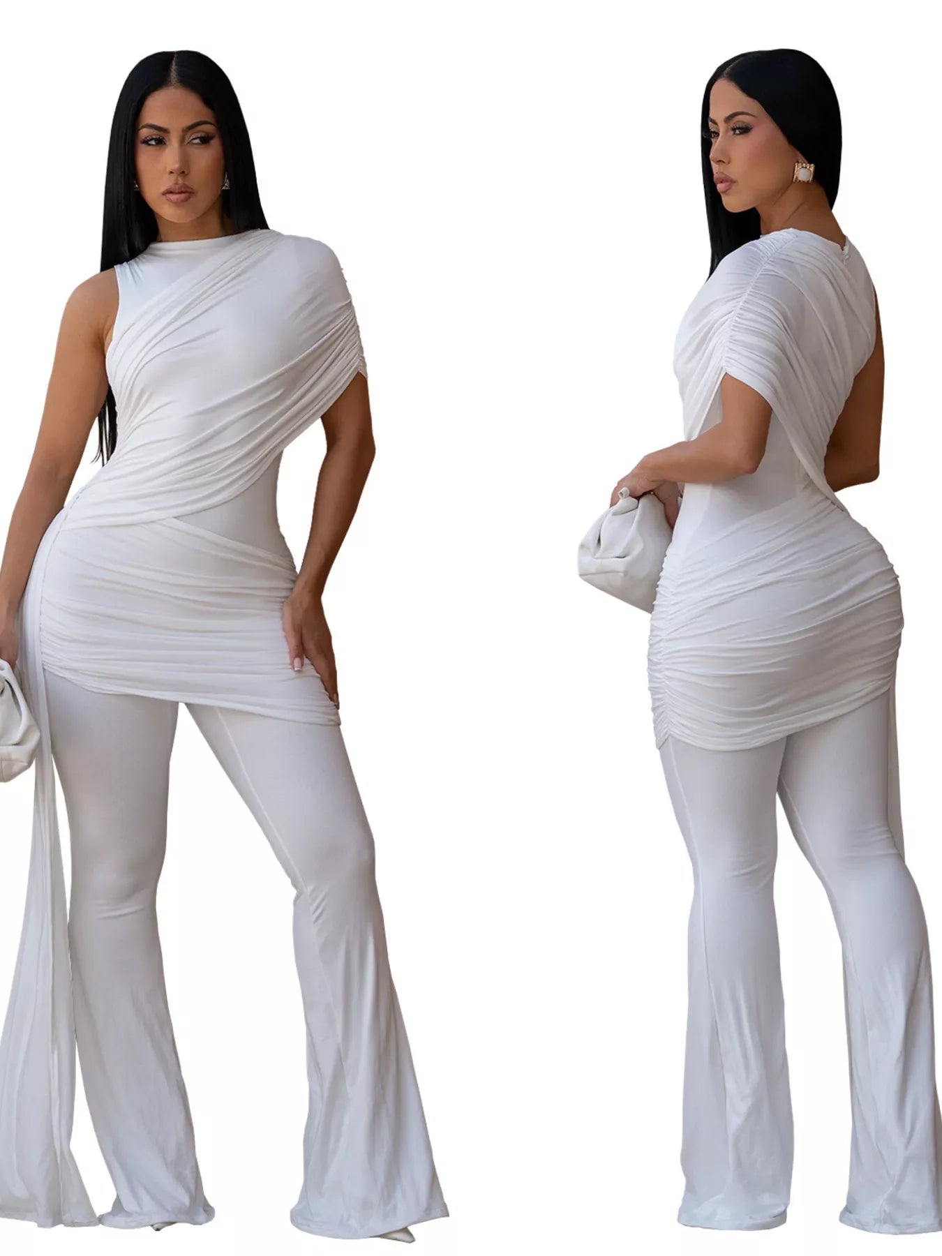 Ruched One-Shoulder Flare Leg Jumpsuit  Shop One Place