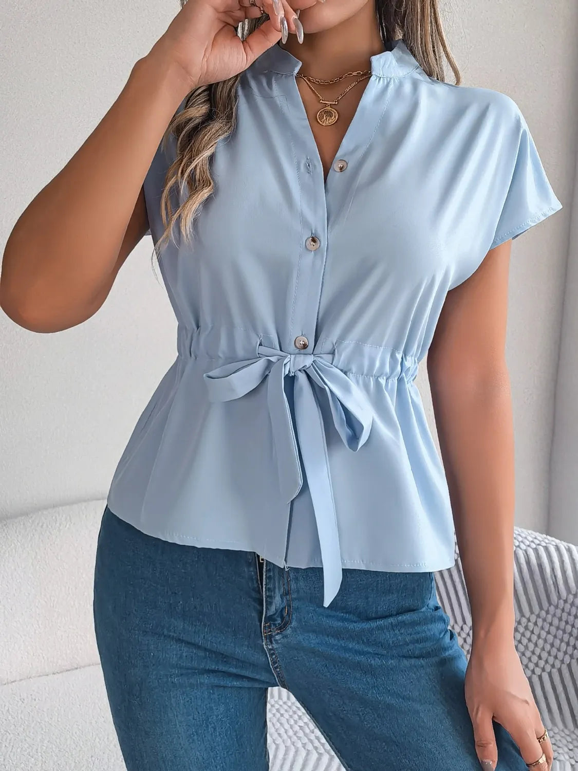 Notched Short Sleeve Blouse  Shop One Place