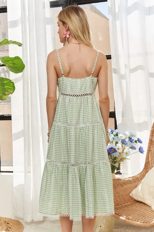 ADORA Gingham Detail Washed Dress-Light Green  Shop One Place