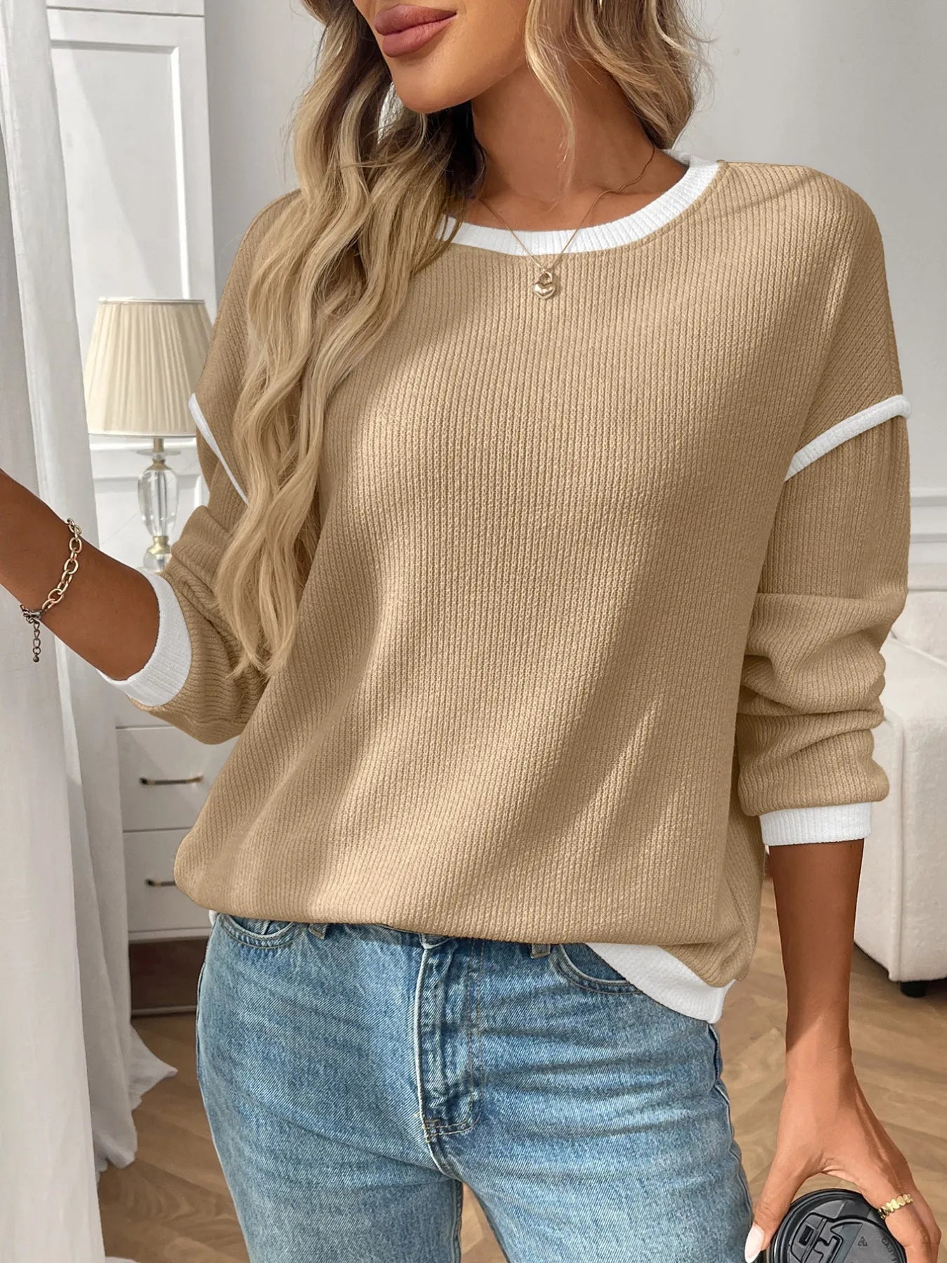 Ribbed Contrast Trim Long Sleeve Top  Shop One Place