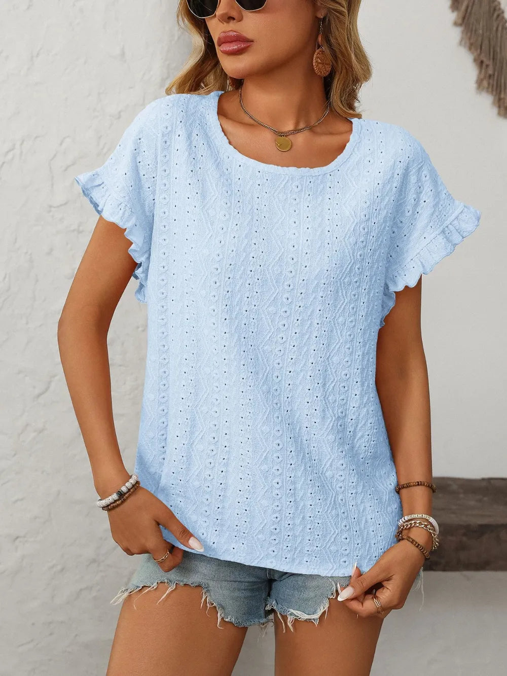 Mandy Eyelet Round Neck Short Sleeve Top  Shop One Place