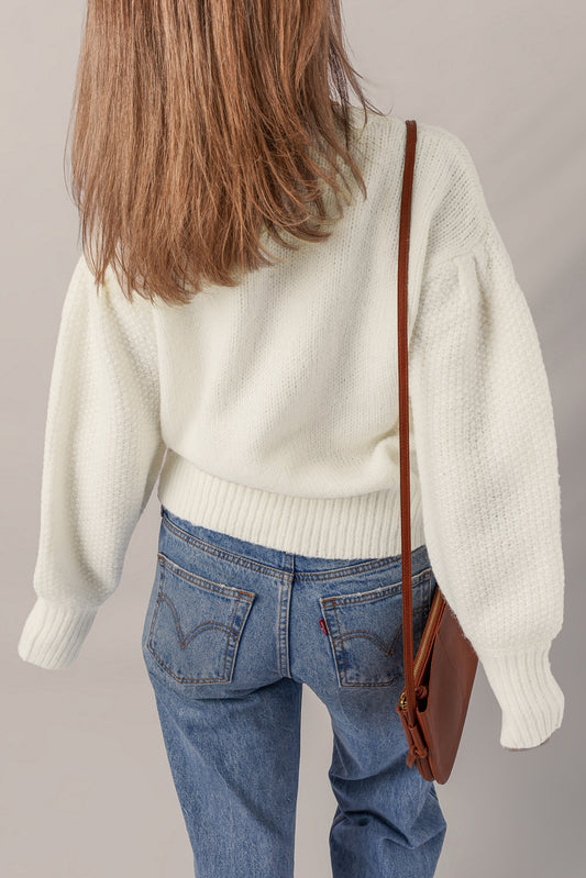 White Flower Detail Round Neck Contrast Textured Puff Sleeve Sweater  Shop One Place