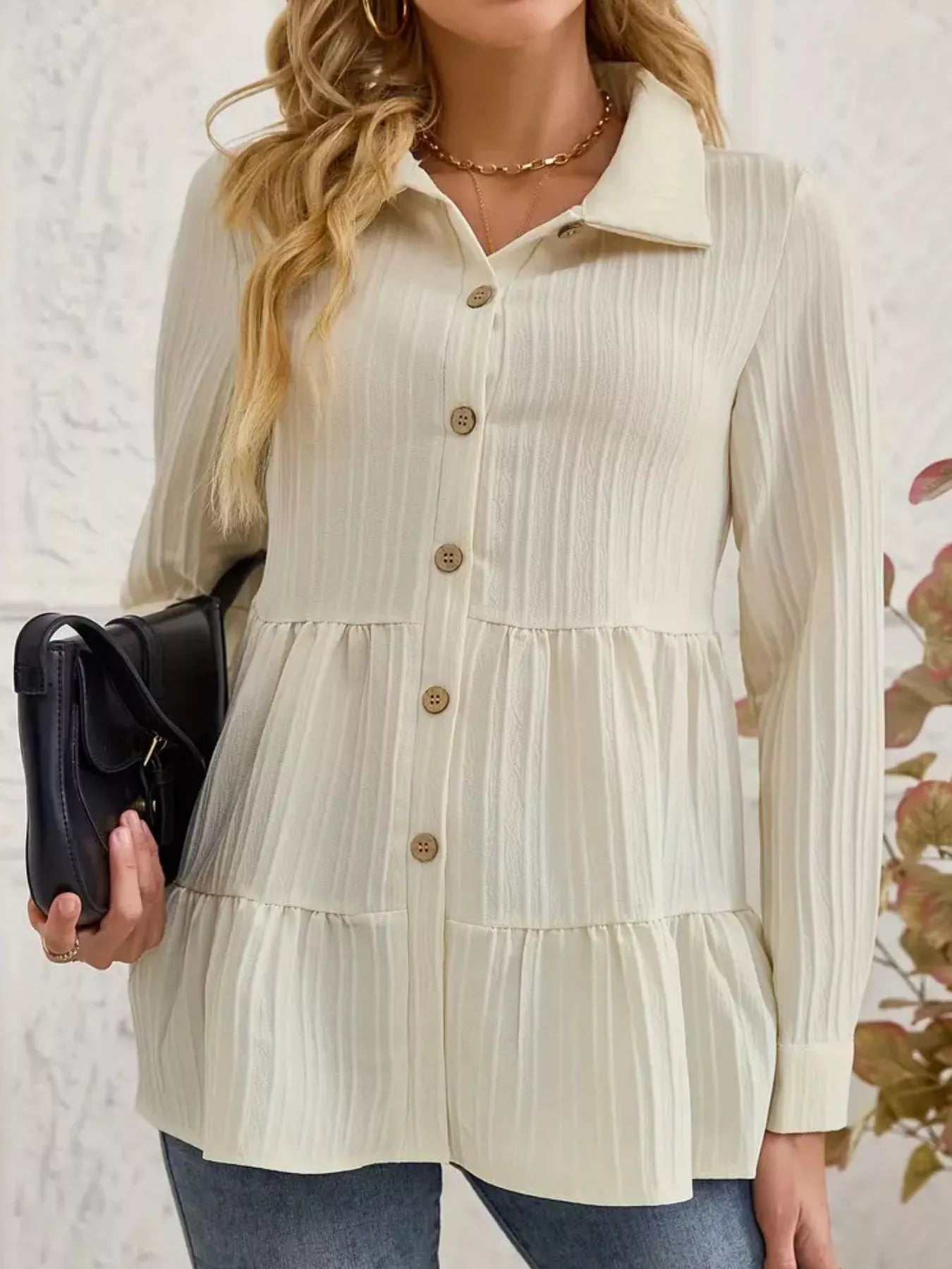 Button-Down Long Sleeve Tiered Shirt  Shop One Place