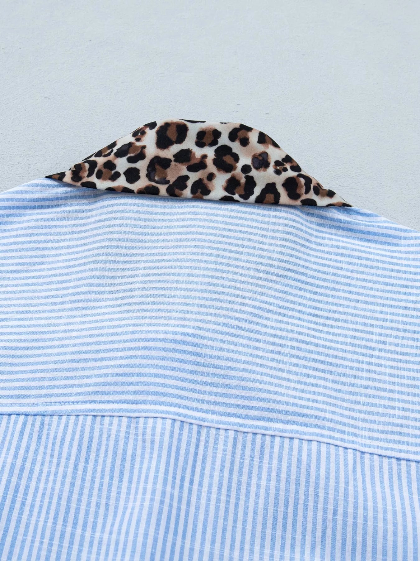 Stripe Leopard Contrast Collar Short Sleeve Shirt  Shop One Place