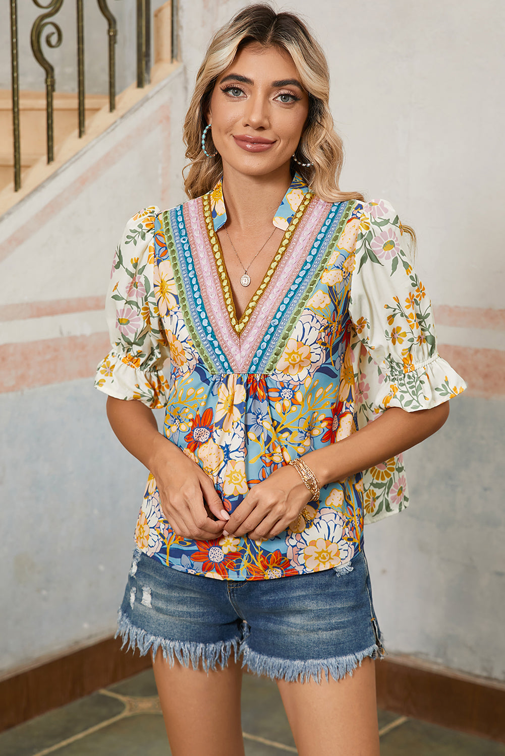 Multicolour Half Sleeve Boho Floral Pop of Color Neckline Blouse  Shop One Place