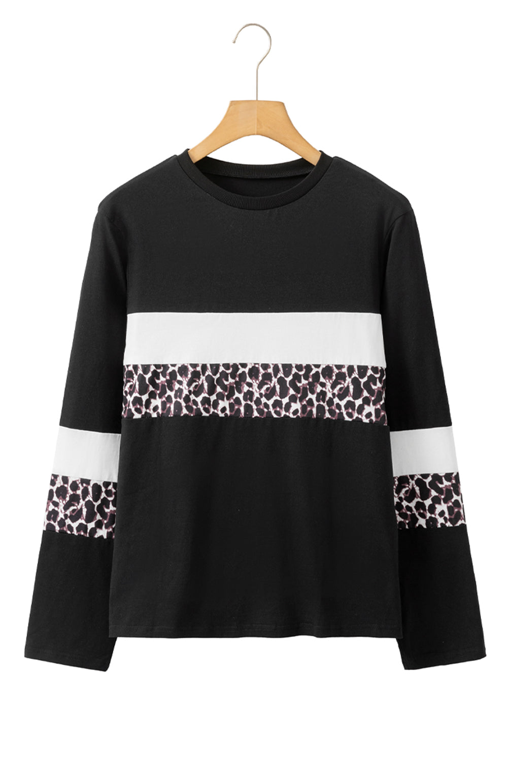 Khaki Leopard Colorblock Patchwork Crew Neck Top