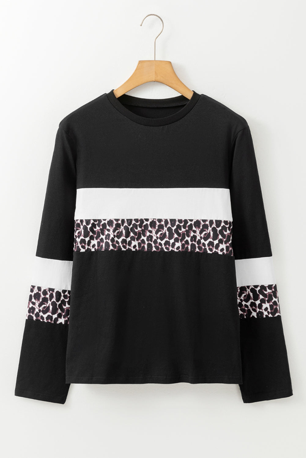 Khaki Leopard Colorblock Patchwork Crew Neck Top