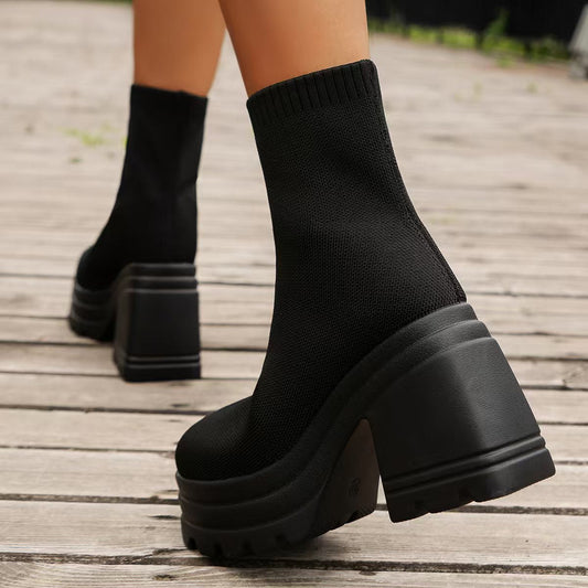 Round Toe Block Heel Platform Boots  Shop One Place
