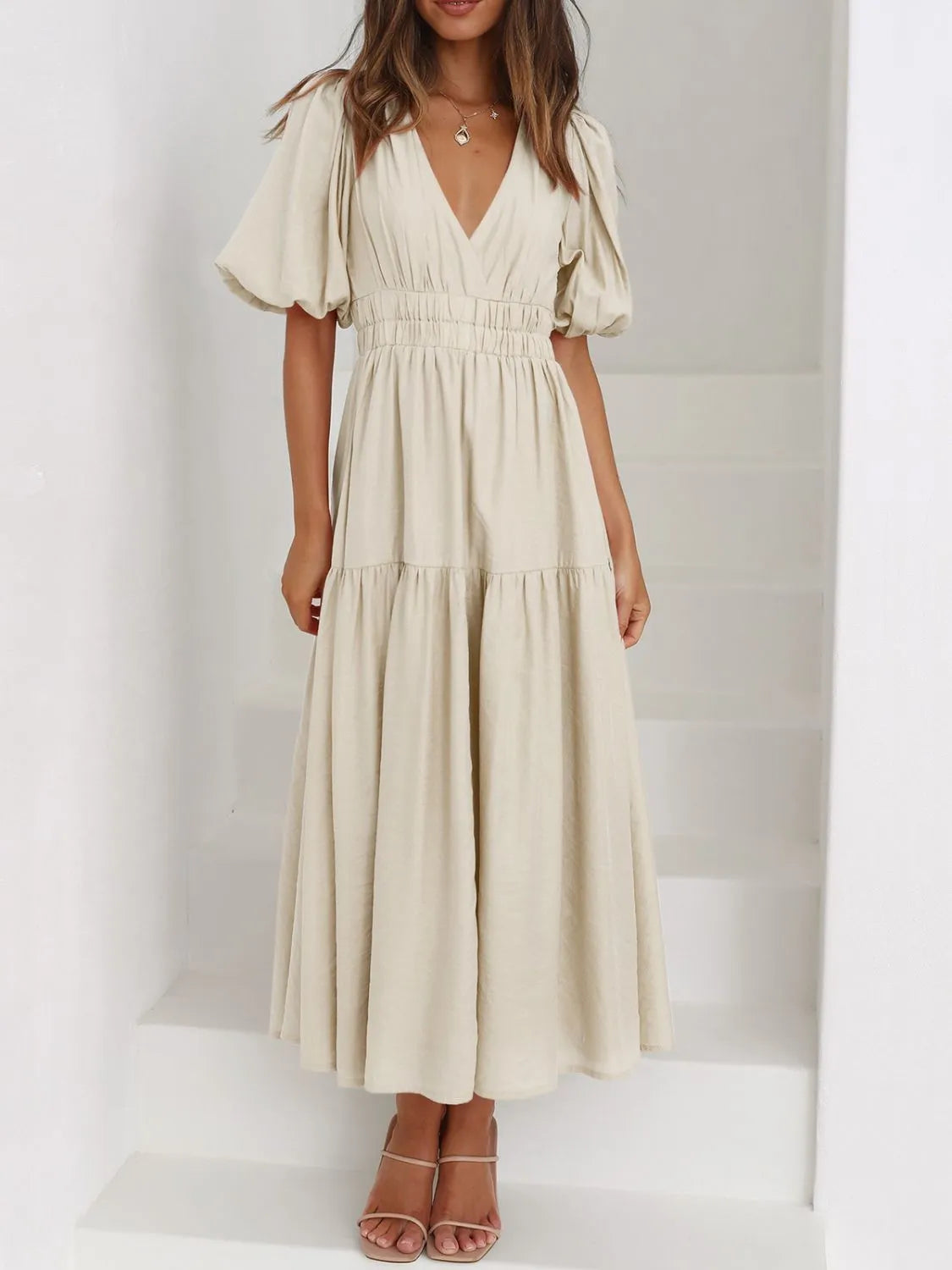 V-Neck Puff Sleeve Midi Dress  Shop One Place