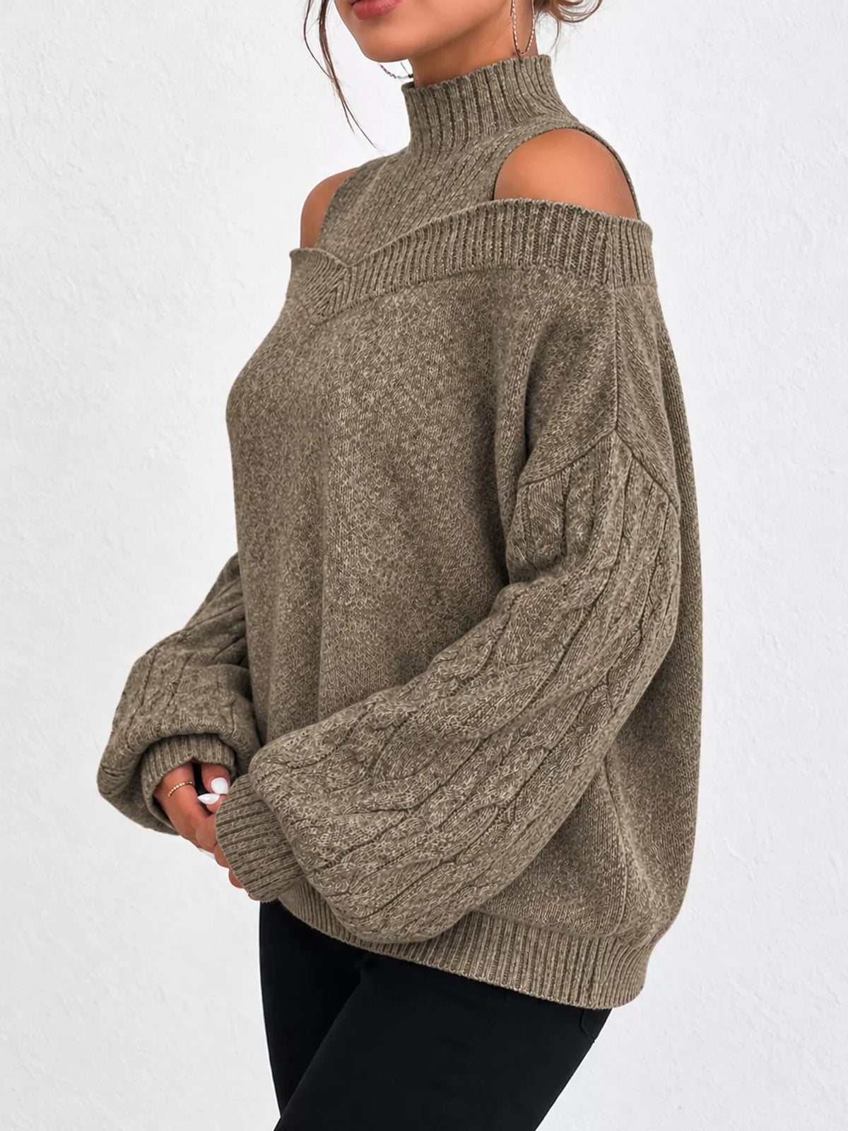 Women's Cold Shoulder Mock Neck Cable Knit Sweater – view 7