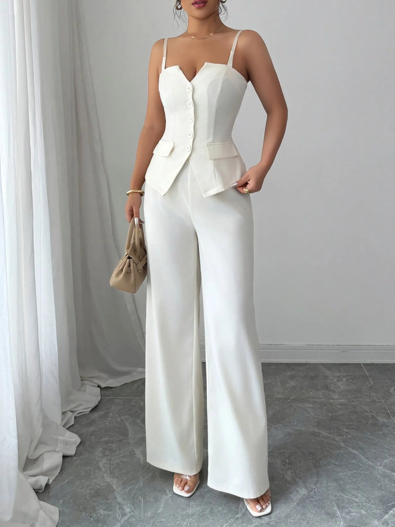 Button Front Cami and Pants Set  Shop One Place