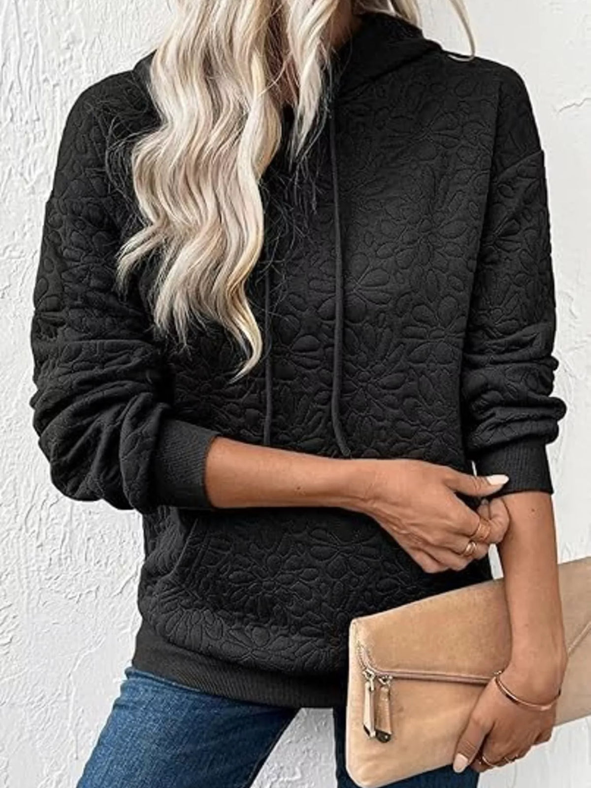 Women's Floral Embossed Drawstring Hoodie – view 2