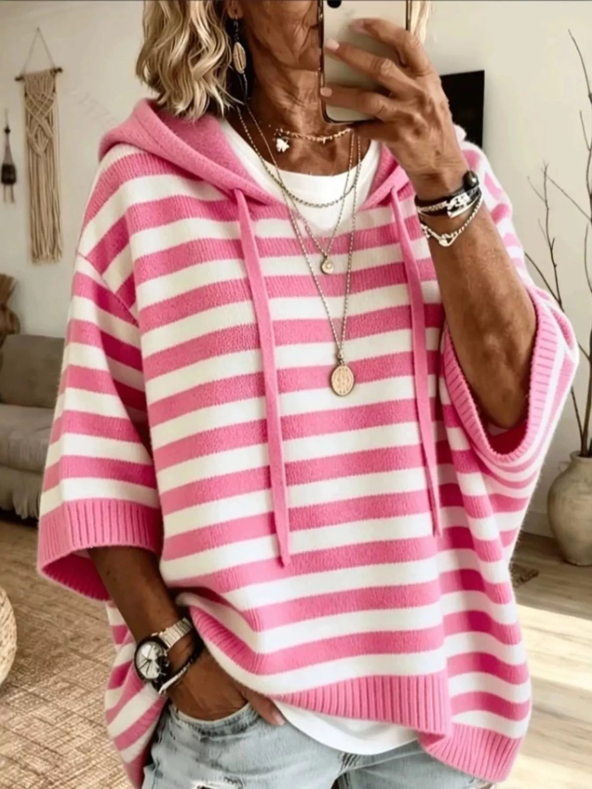 Striped Hooded Knit Sweater in Multicolor