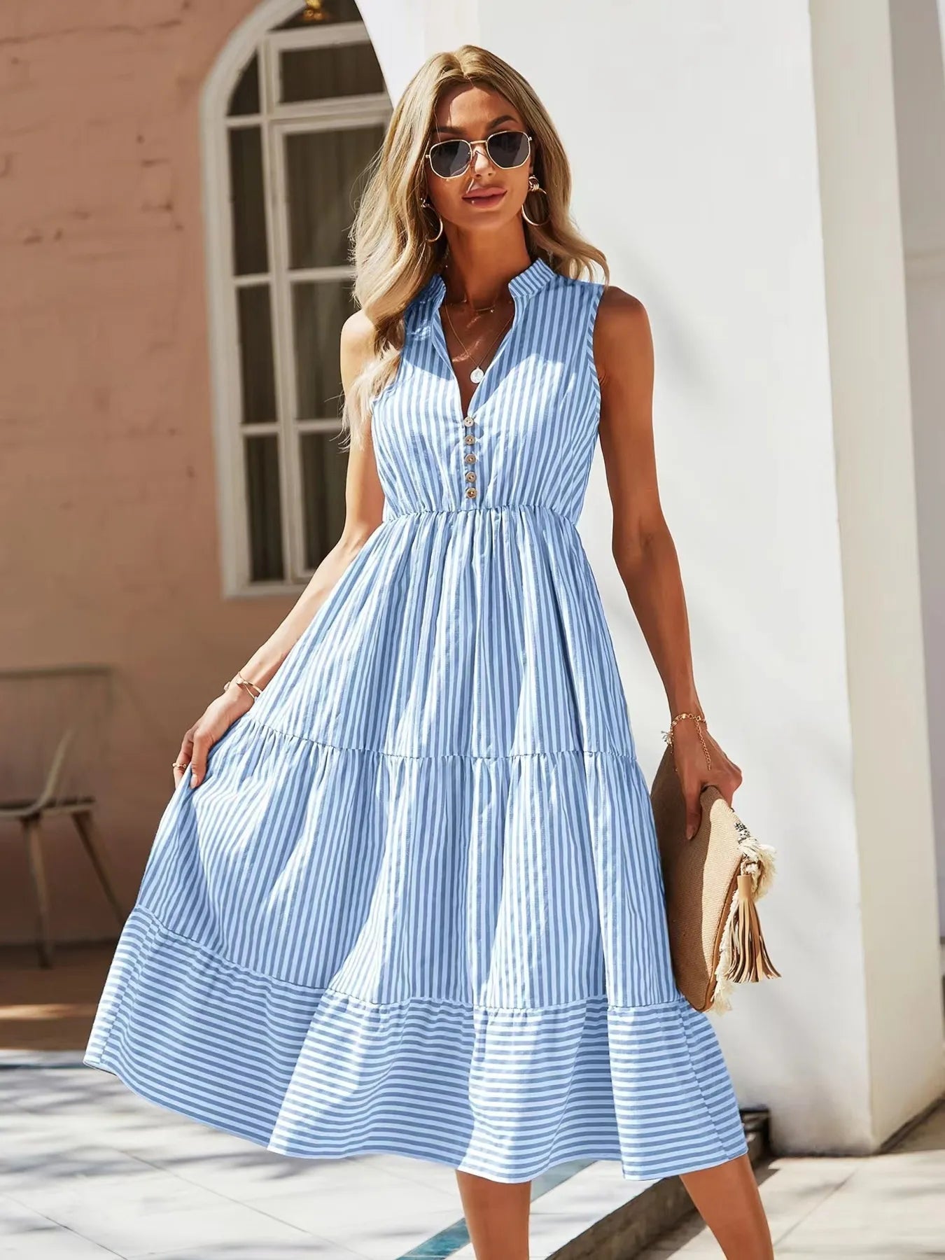 Striped Sleeveless Tiered Midi Dress  Shop One Place