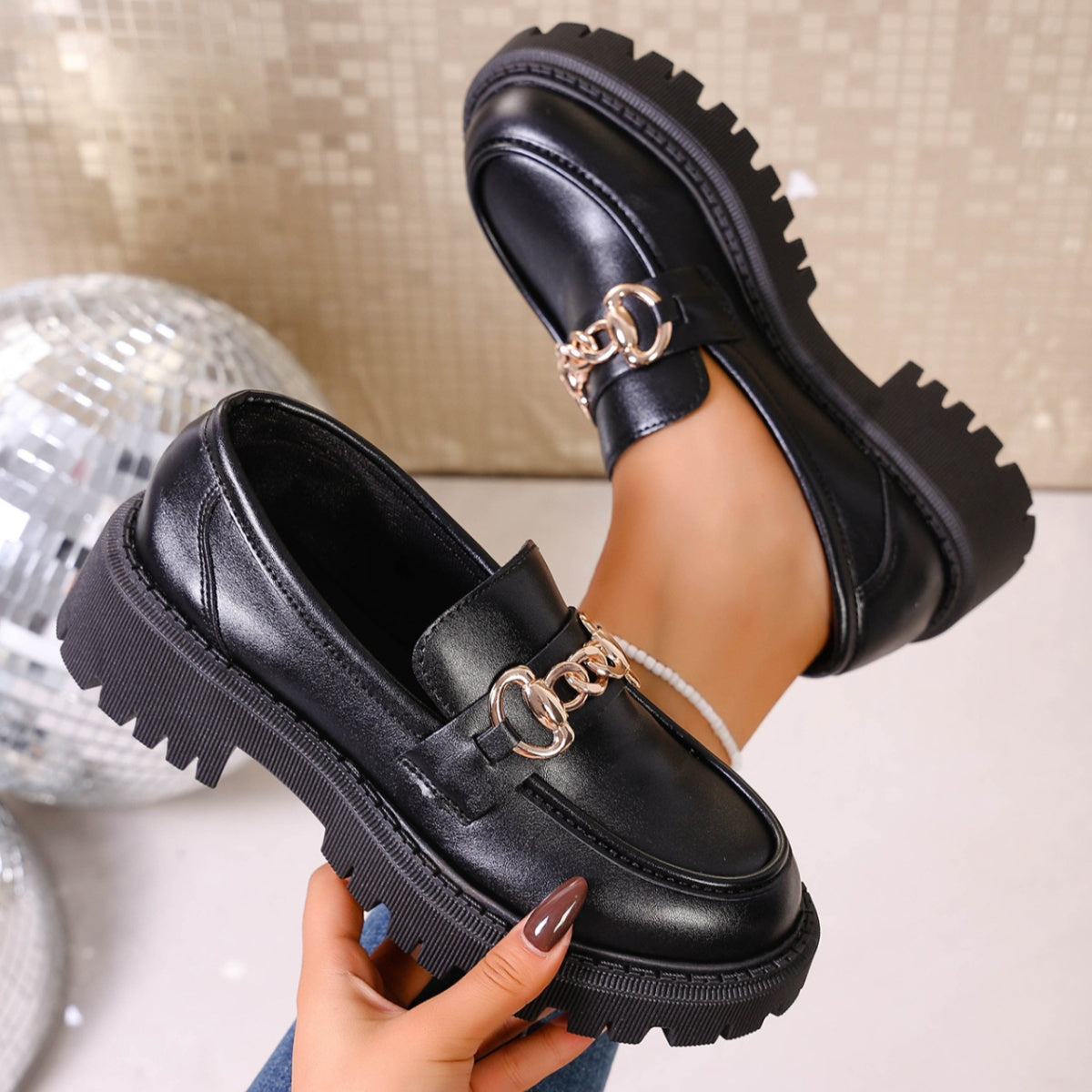 Chain Decor Round Toe Loafers  Shop One Place