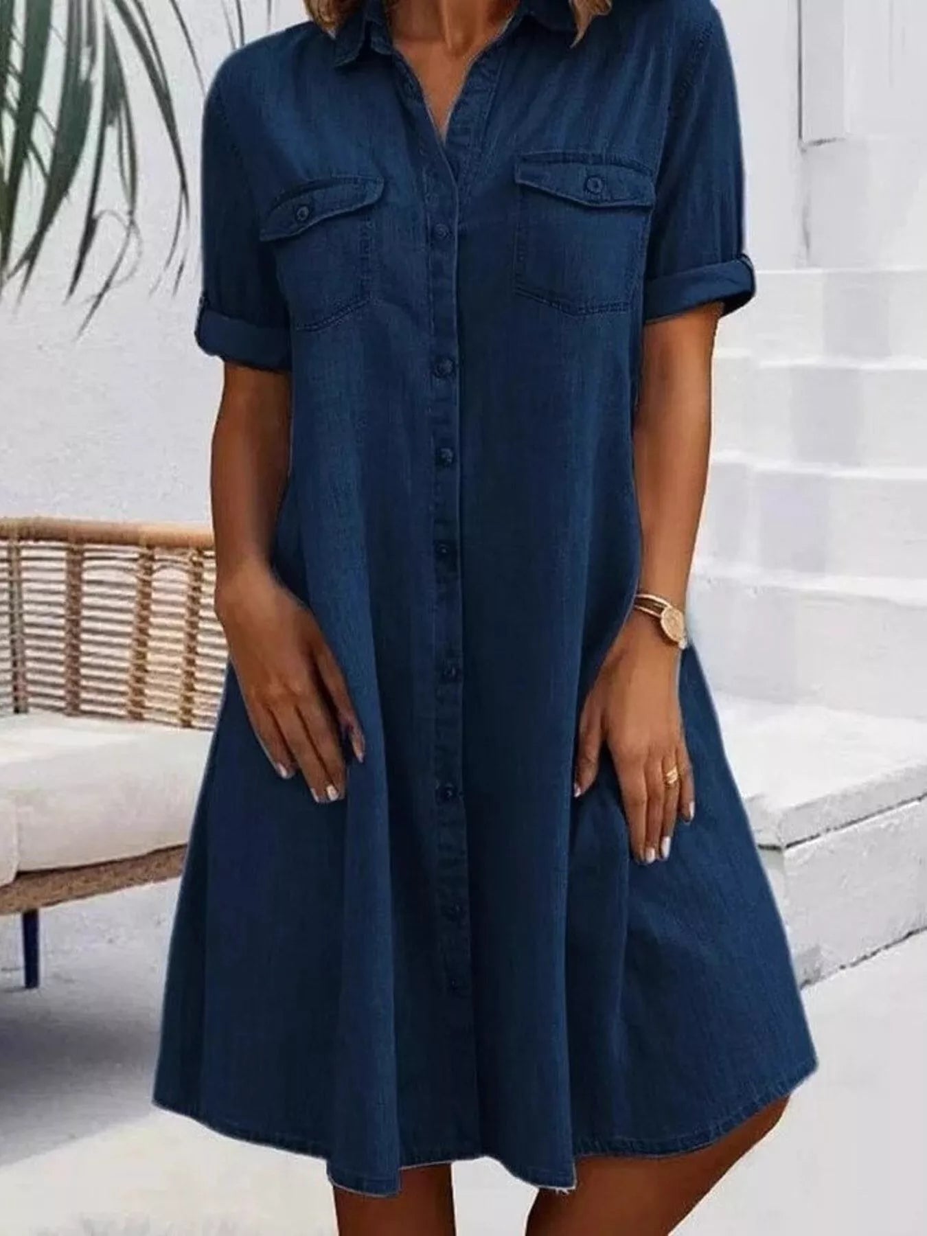 Full Size Button-Front Short Sleeve Denim Dress Plus Size  Shop One Place