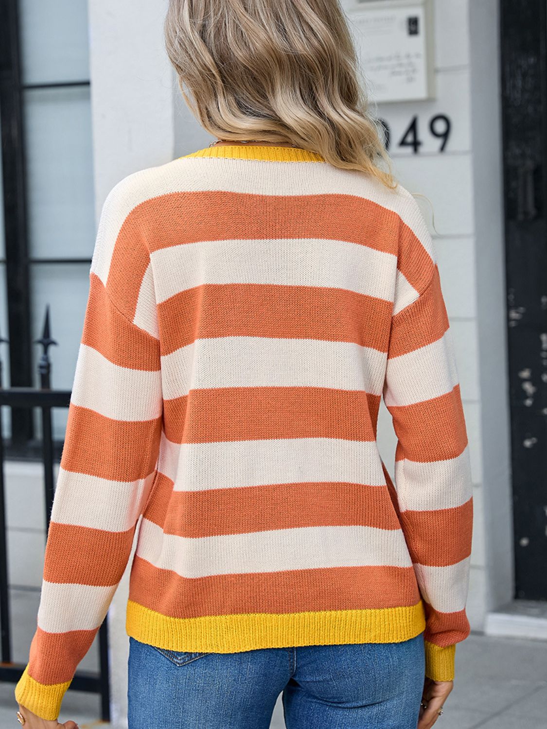 Angel Wings Striped Round Neck Dropped Shoulder Sweater  Shop One Place