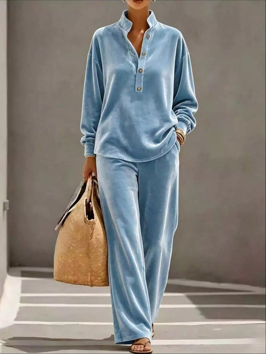 Women's Half-Button Top & Wide-Leg Pants Set