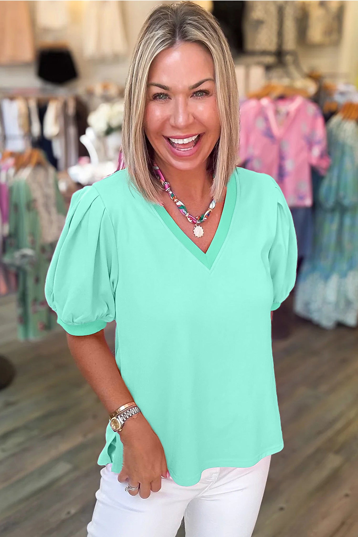 Turquoise Solid Color V Neck Short Puff Sleeve Blouse  Shop One Place