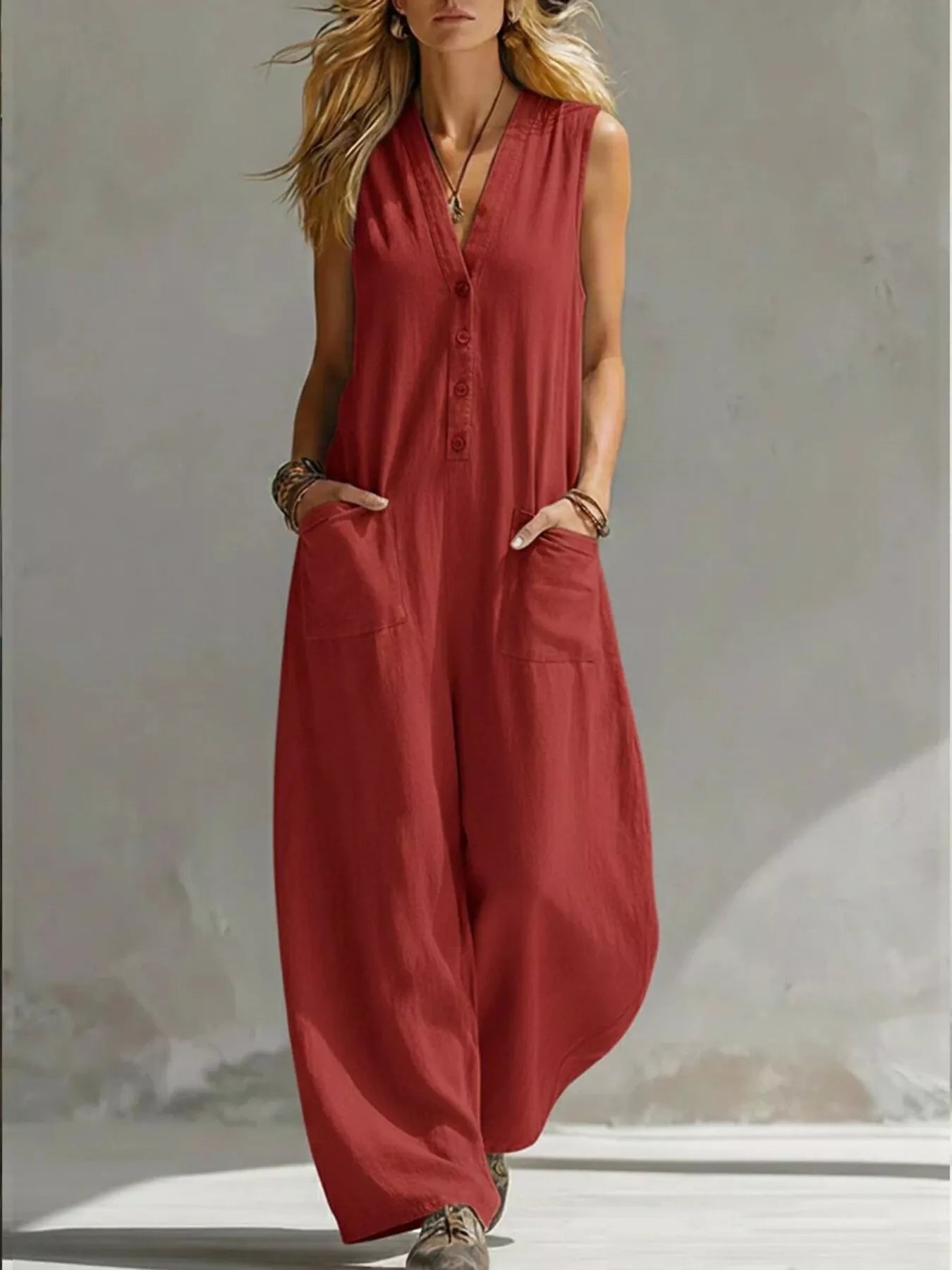 Full Size V-Neck Sleeveless Wide-Leg Jumpsuit Plus Size  Shop One Place