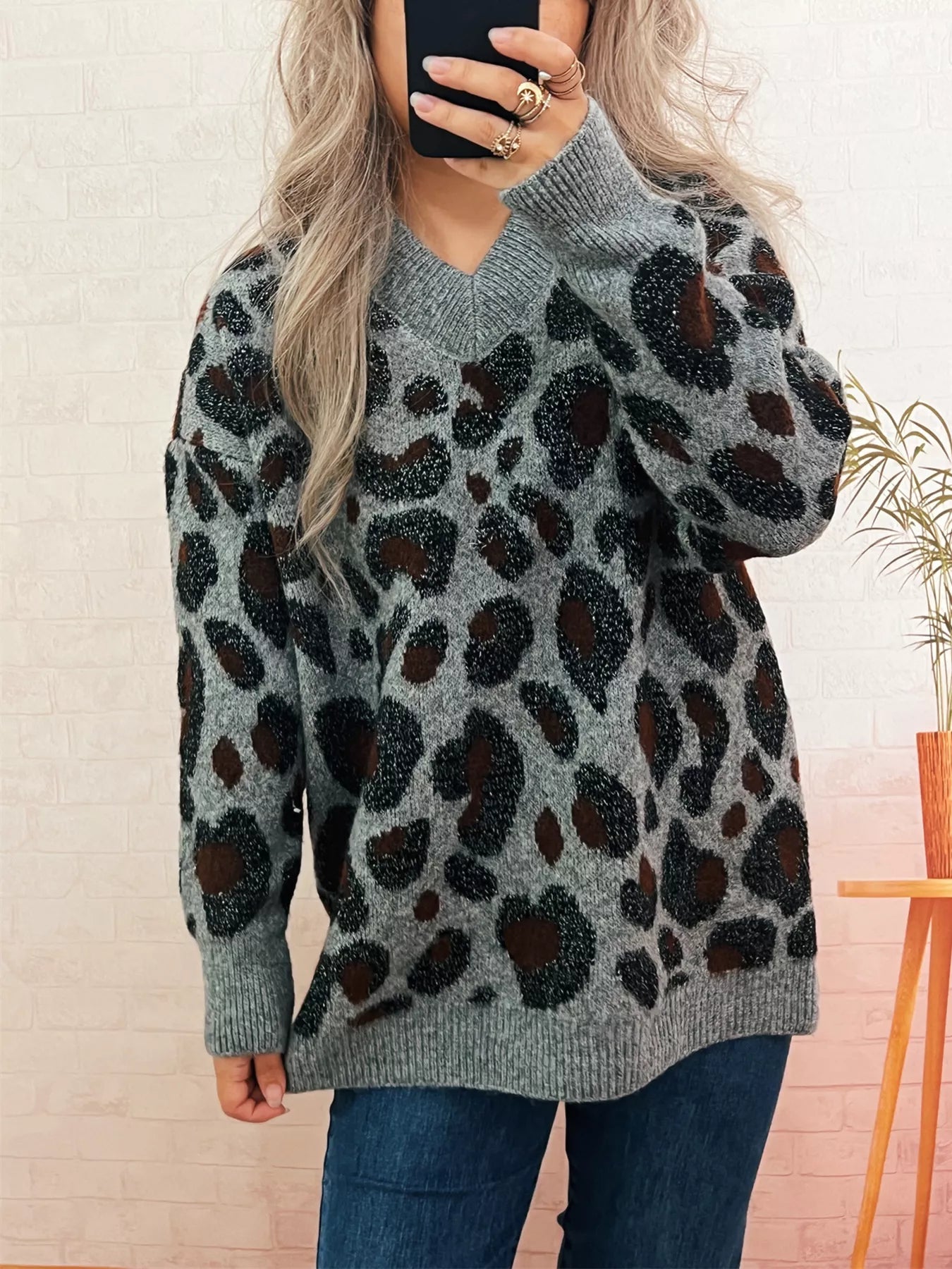 Leopard V-Neck Drop Shoulder Sweater  Shop One Place