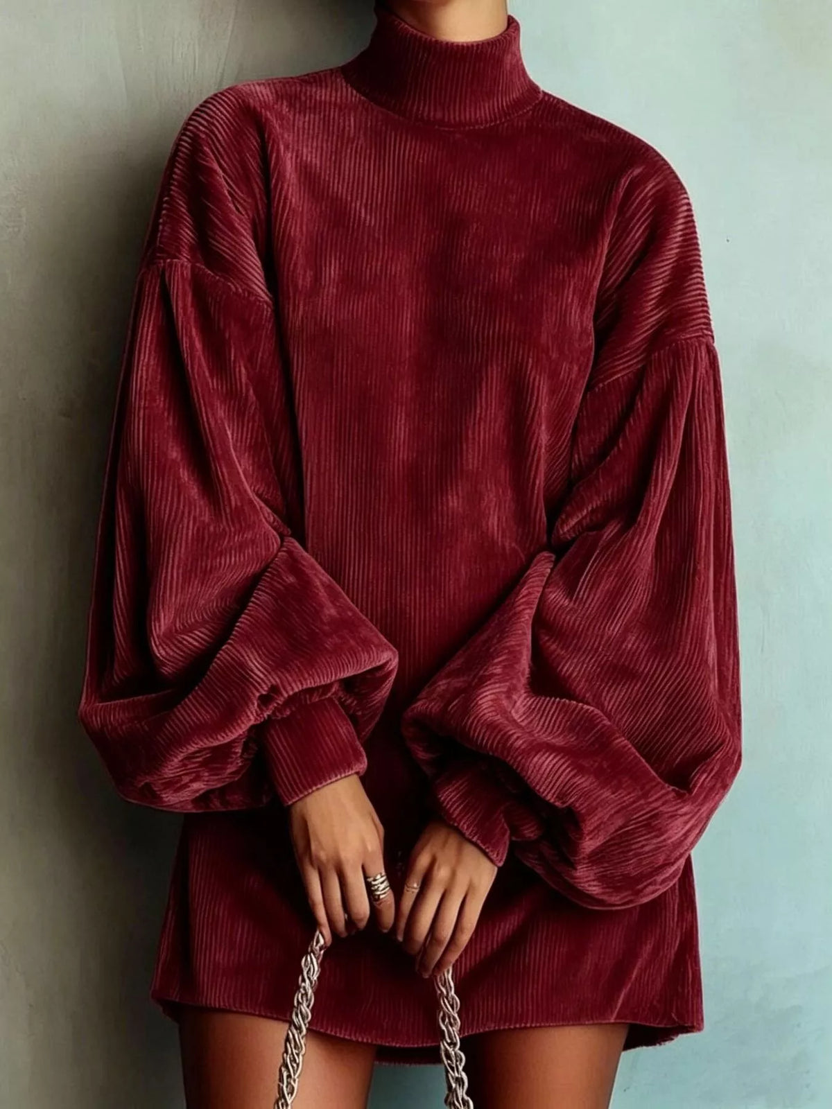 Full Size Corduroy Mock Neck Lantern Sleeve Mini Dress Plus Size  Shop One Place