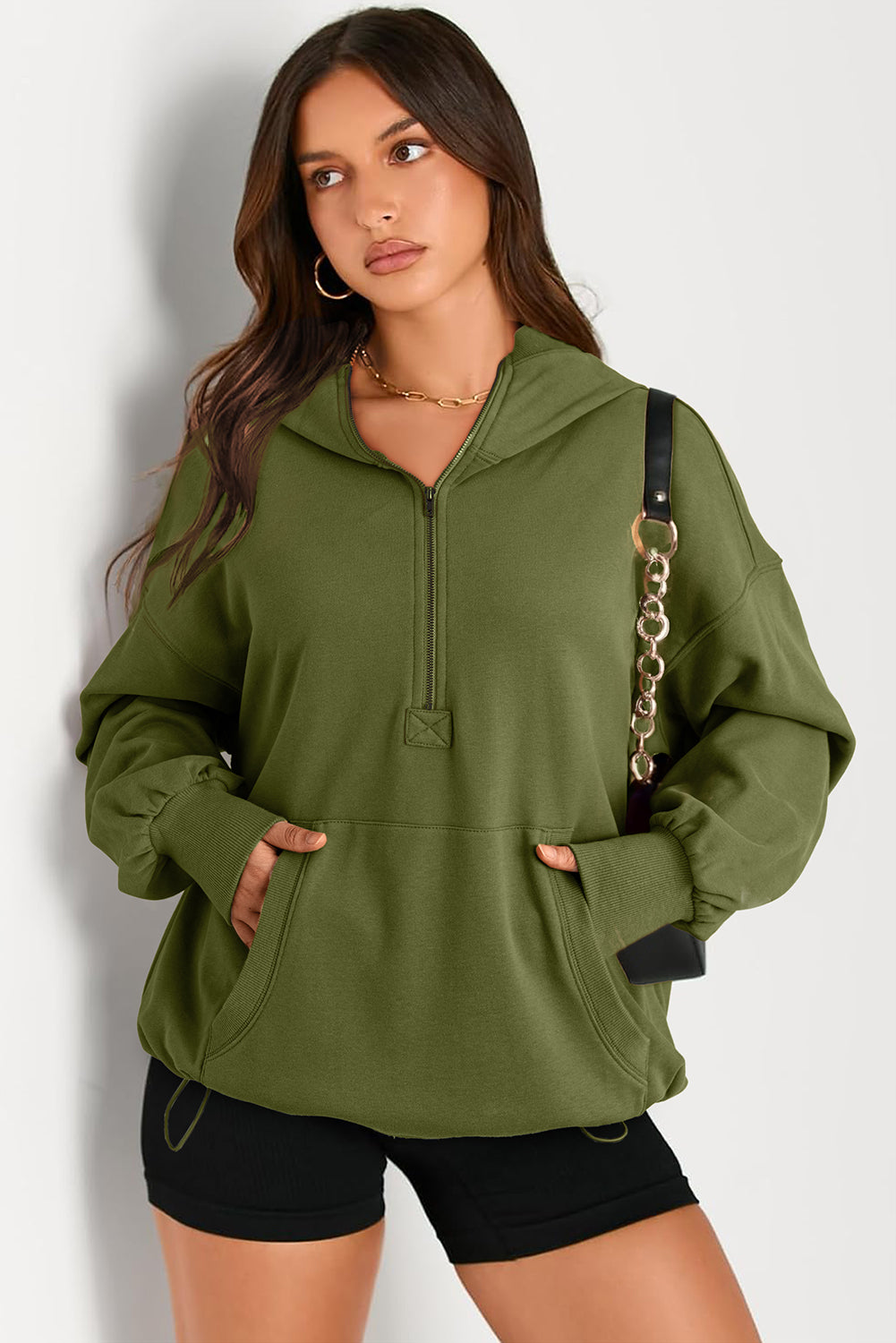 Moss Green Kangaroo Pocket Half Zipper Oversized Hoodie