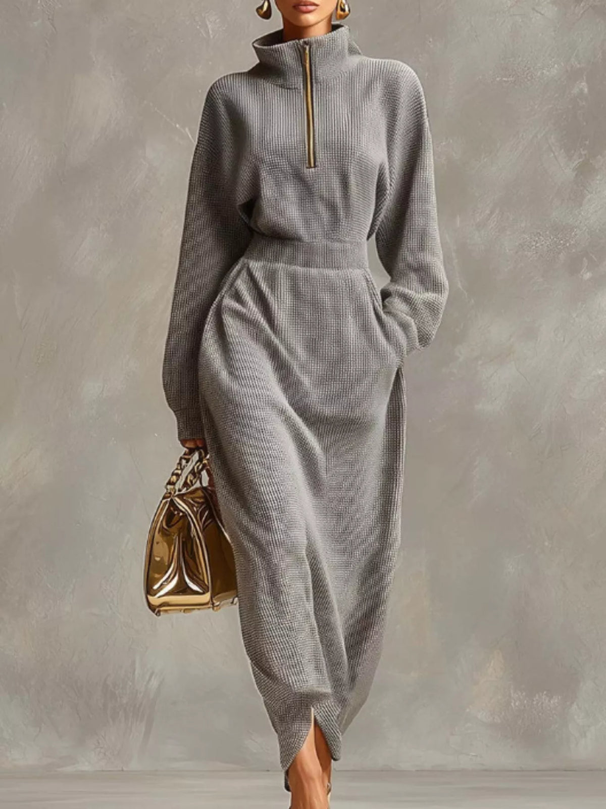 Waffle Knit Quarter-Zip Midi Dress  Shop One Place