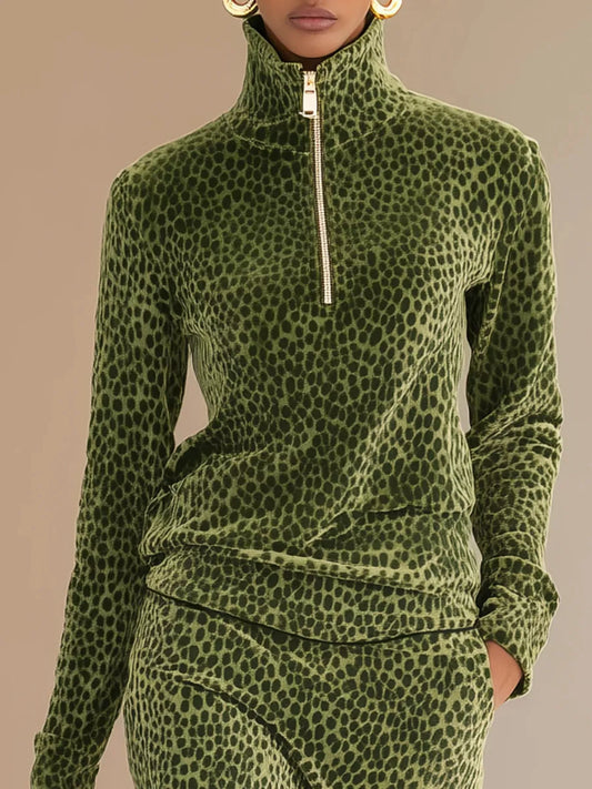 Leopard Print Velour Quarter-Zip Top and Skirt Set in Moss