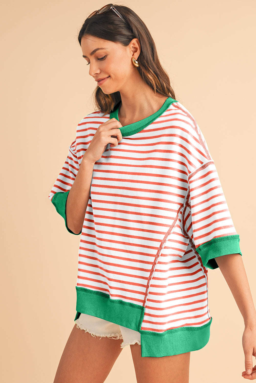 Stripe Colorblock Drop Sleeve Oversized T Shirt