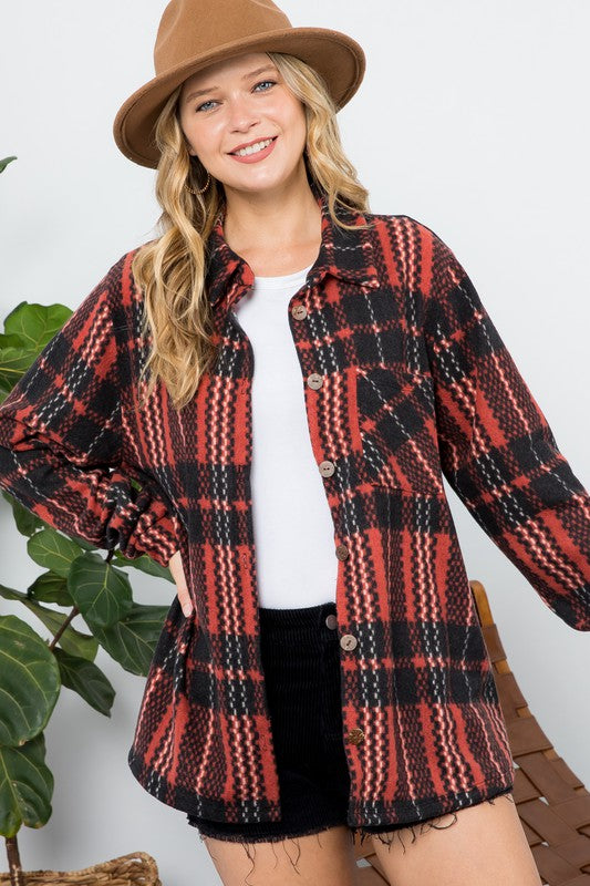 PLUS FUZZY PLAID BUTTON DOWN SHACKET