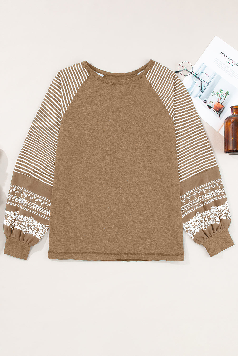 Contrast Print Striped Raglan Long Sleeve Loose Top  Shop One Place