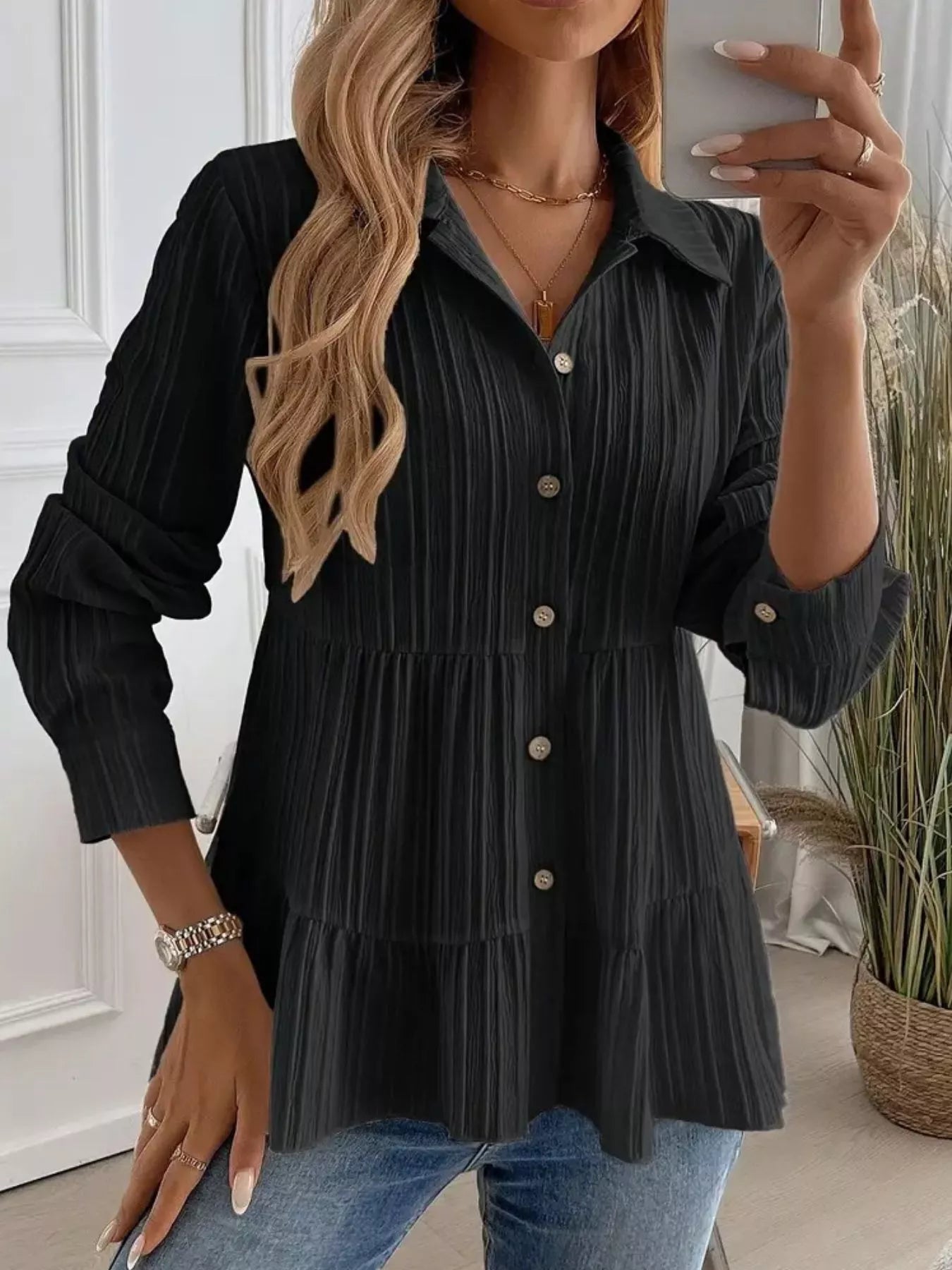 Button-Down Long Sleeve Tiered Shirt  Shop One Place