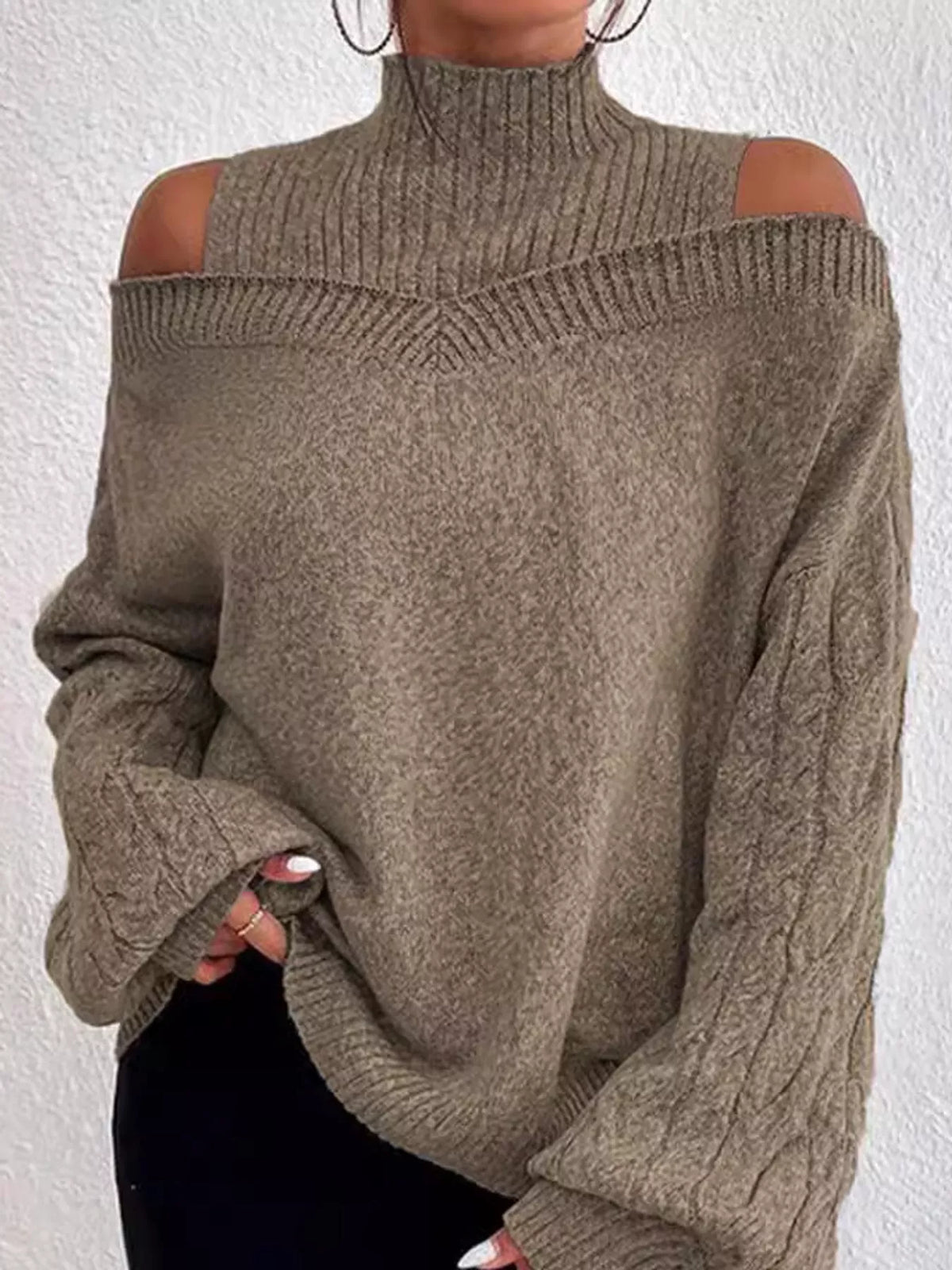 Women's Cold Shoulder Mock Neck Cable Knit Sweater – view 5