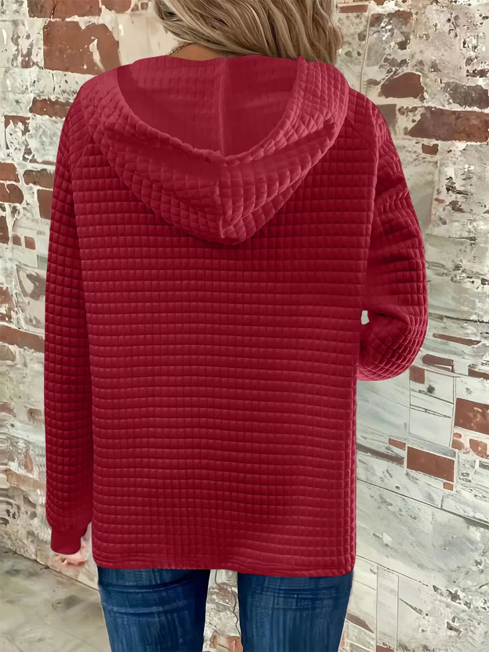 Full Size Texture Button Detail Drawstring Long Sleeve Hoodie  Shop One Place