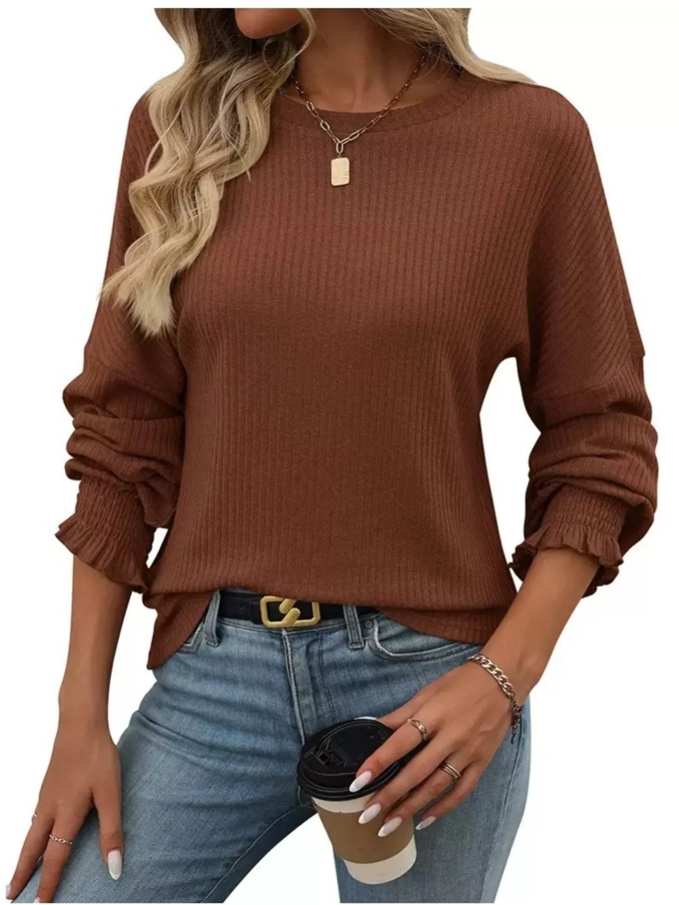 Ribbed Knit Long Sleeve T-Shirt  Shop One Place