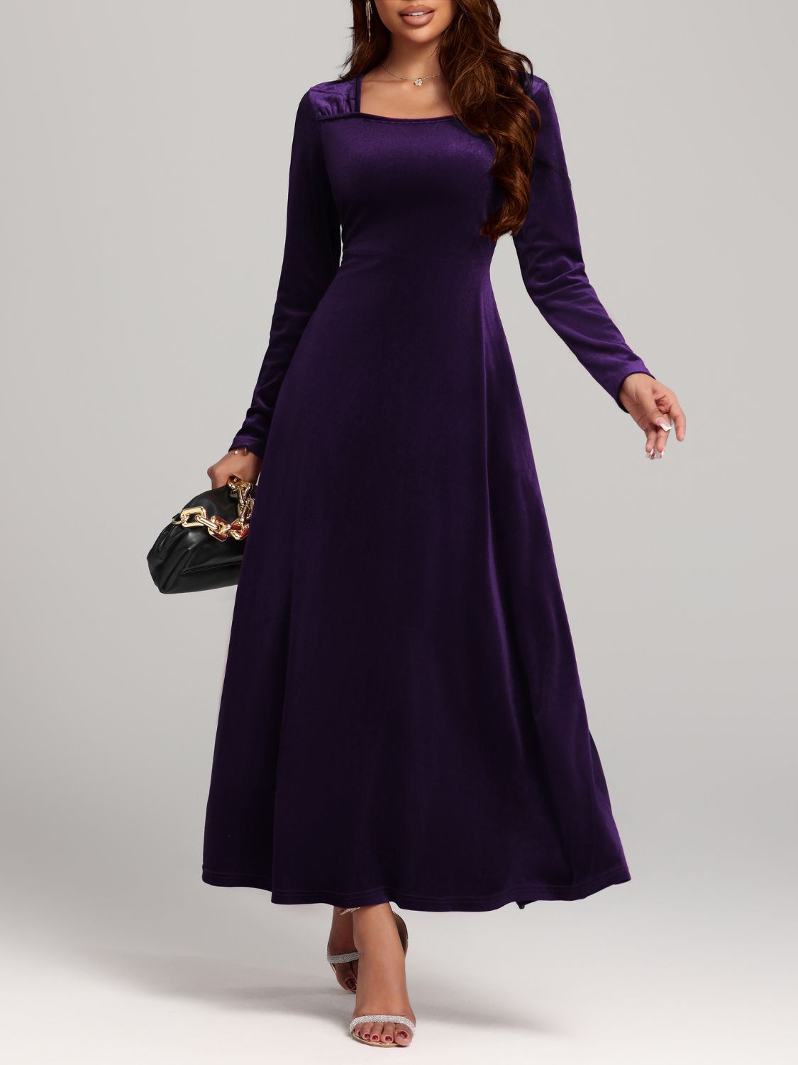 Square Neck Long Sleeve Velvet Dress  Shop One Place