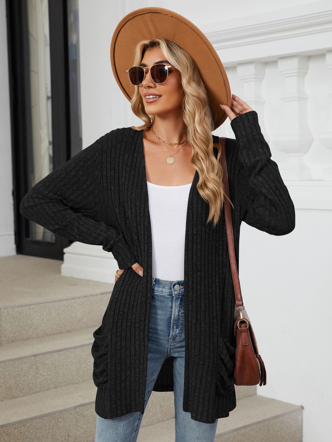 Pocketed Open Front Long Sleeve Cardigan  Shop One Place